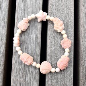 4 Mermaid Charms Pink Queen Conch Shell Beaded Bracelet - Ocean Themed
